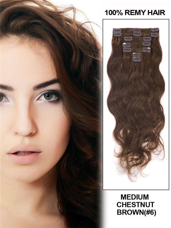 Medium Chestnut Brown(#6) Premium Body Wave Clip In Hair Extensions 7 Pieces 0