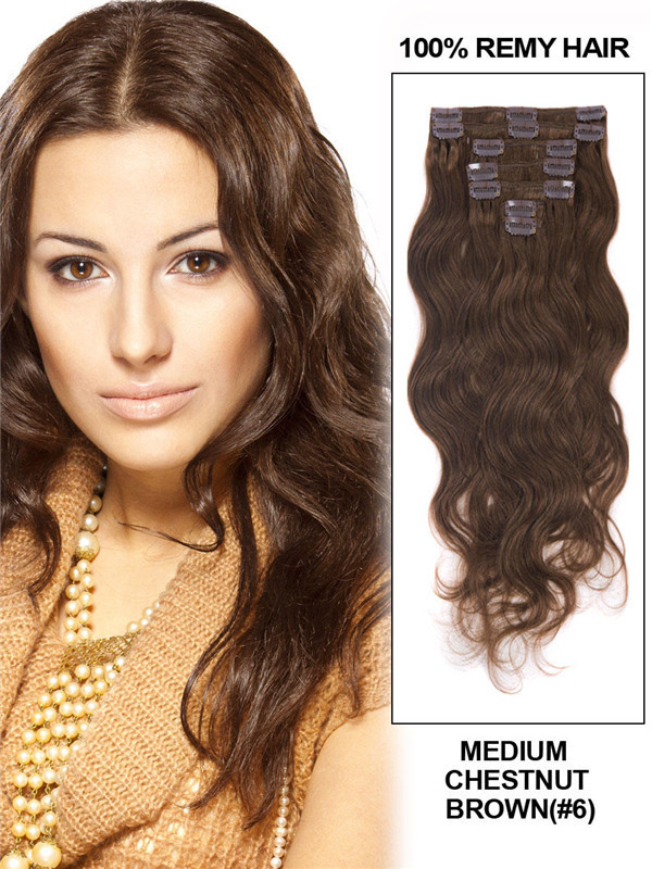 Medium Chestnut Brown(#6) Premium Body Wave Clip In Hair Extensions 7 Pieces 1