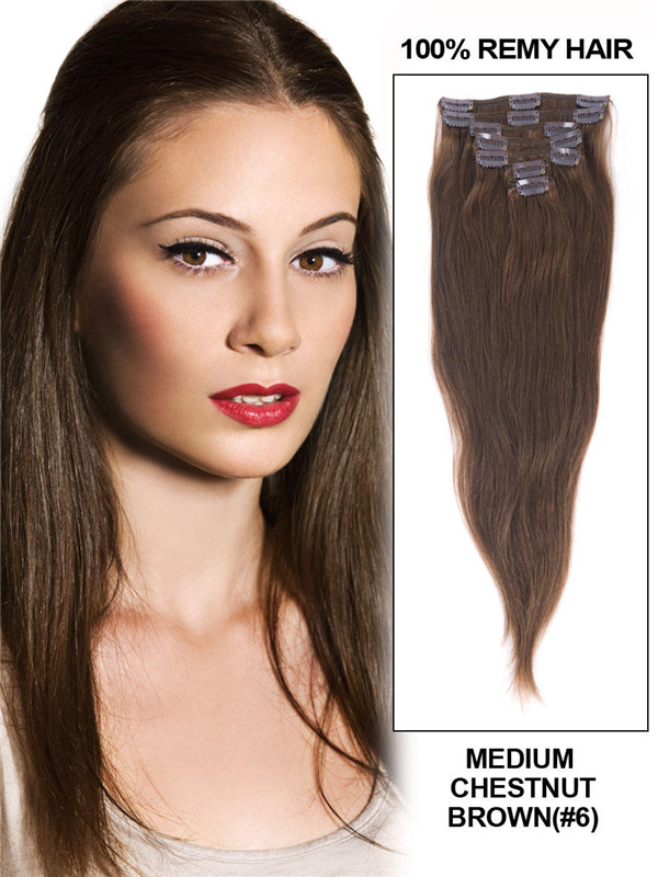 Medium Chestnut Brown(#6) Deluxe Straight Clip In Human Hair Extensions 7 Pieces 2