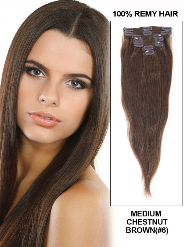 Medium Chestnut Brown(#6) Deluxe Straight Clip In Human Hair Extensions 7 Pieces 3