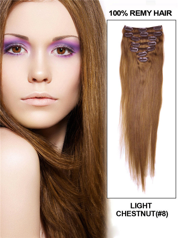 Light Chestnut(#8) Premium Straight Clip In Hair Extensions 7 Pieces 0