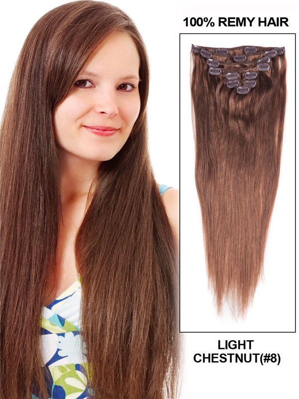 Light Chestnut(#8) Ultimate Straight Clip In Remy Hair Extensions 9 Pieces 0