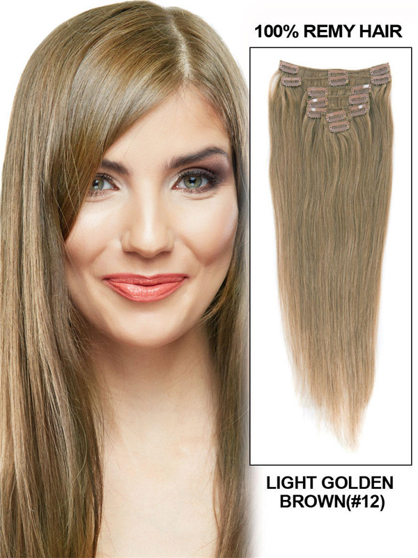 Light Golden Brown(#12) Premium Straight Clip In Hair Extensions 7 Pieces 0