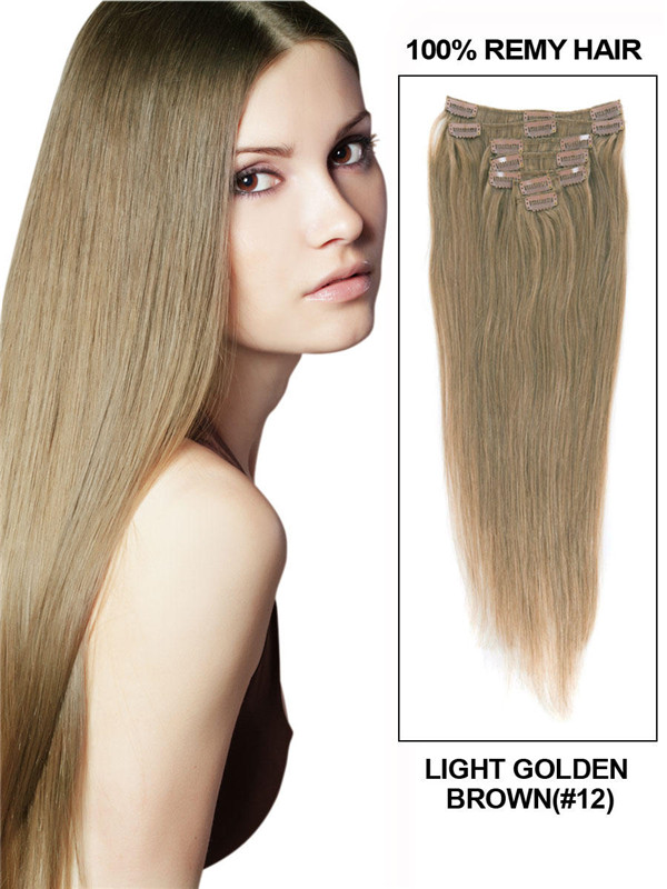 Light Golden Brown(#12) Deluxe Straight Clip In Human Hair Extensions 7 Pieces 1