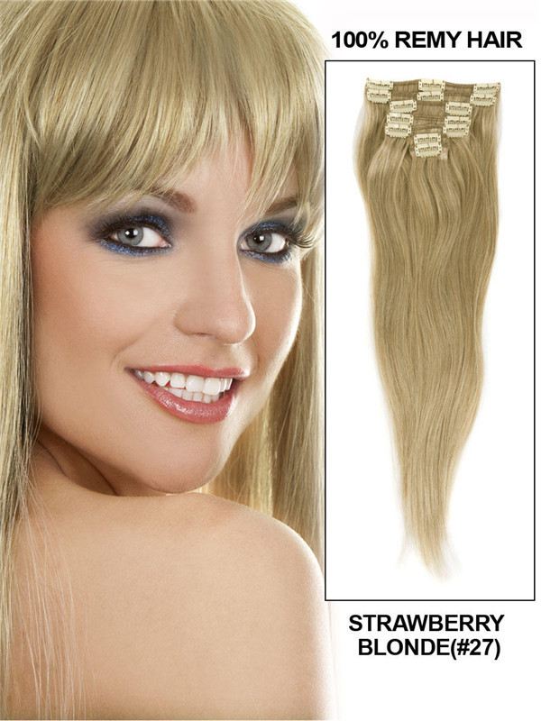 Strawberry Blonde(#27) Deluxe Straight Clip In Human Hair Extensions 7 Pieces 1