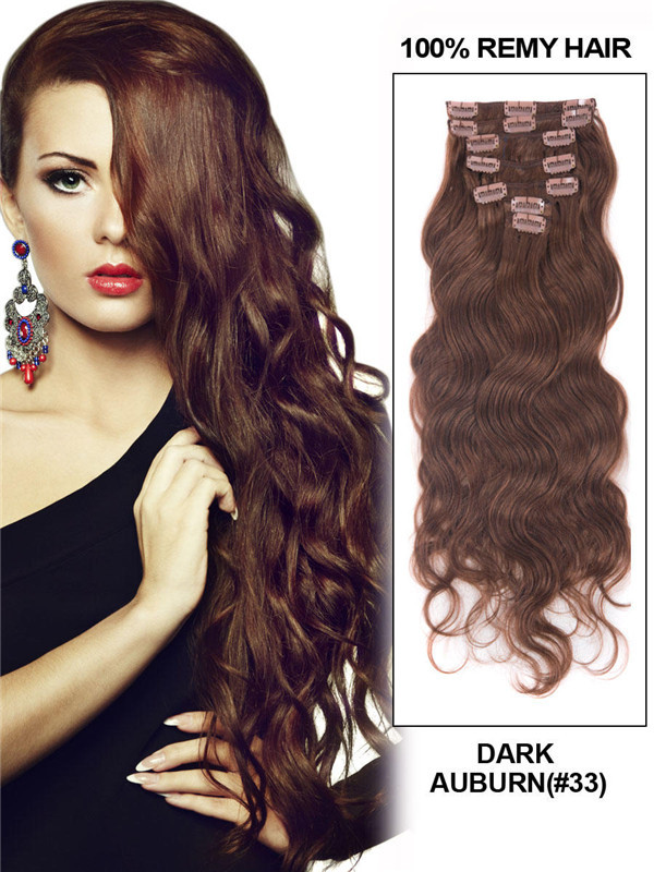 Dark Auburn(#33) Premium Body Wave Clip In Hair Extensions 7 Pieces 0