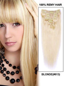 Bleach White Blonde (# 613) Clip recto de lujo en extensiones de cabello humano 7 piezas