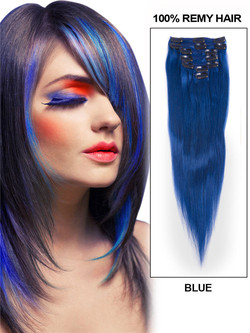 Blue(#Blue) Deluxe Rak Clip In Human Hair Extensions 7 delar