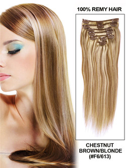 Maro castaniu/blond (#F6-613) Extensii de păr premium cu agrafă drepte 7 buc.