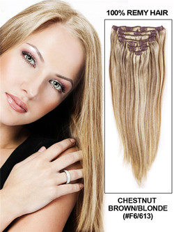 Kastanjebrun/blond(#F6-613) Ultimate Straight Clip In Remy Hair Extensions 9 stk.