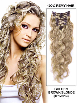 Gyllene brun/blond(#F12-613) Premium Body Wave Clip i hårförlängningar 7 delar