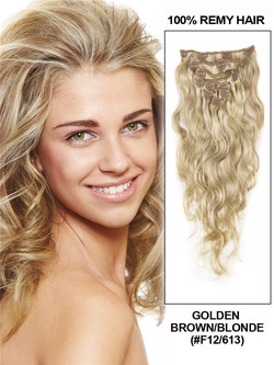 Gyllene brun/blond(#F12-613) Ultimate Body Wave Clip i Remy Hair Extensions 9 delar