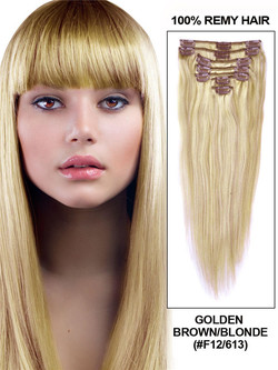 Golden Brown/Blonde(#F12-613) Premium Straight Clip In Hair Extensions 7 Pieces