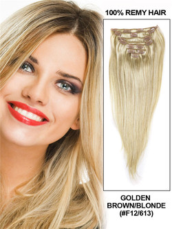 Golden Brown/Blonde(#F12-613) Deluxe Straight Clip In Human Hair Extensions 7 Pieces