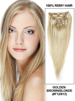 Golden Brown/Blonde(#F12-613) Ultimate Straight Clip In Remy Hair Extensions 9 Pieces