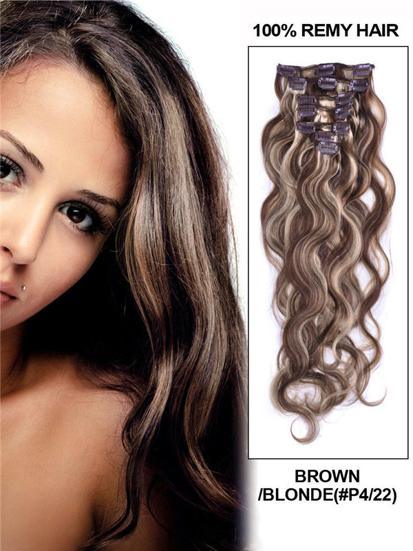 Brown/Blonde(#P4-22) Deluxe Body Wave Clip In Human Hair Extensions 7 Pieces