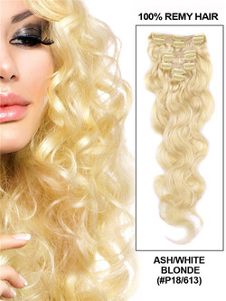 Ash/Wit Blond (#P18-613) Deluxe Body Wave Clip In Human Hair Extensions 7 Stuks