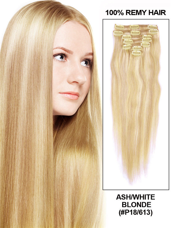 Ash/White Blonde(#P18-613) Deluxe Straight Clip In Human Hair Extensions 7 Pieces