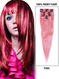 Pink(#Pink) Deluxe Straight Clip In Human Hair Extensions 7 Pieces