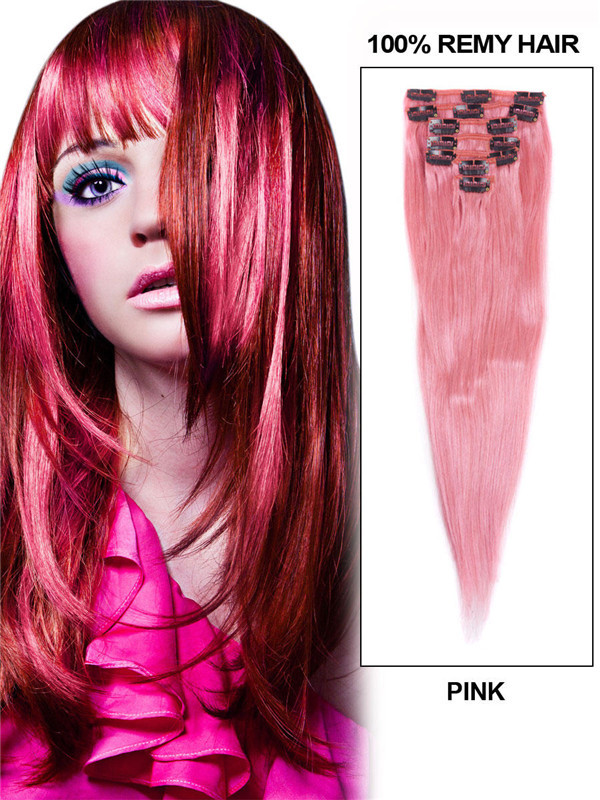 Pink(#Pink) Ultimate Straight Clip In Remy Hair Extensions 9 Pieces-np