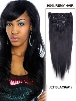 Jet Black (#1) Straight Ultimate Clip In Remy Hair Extensions 9 stuks
