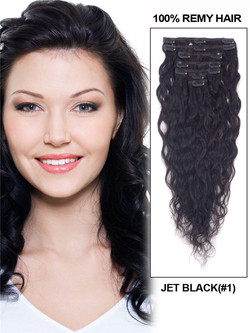 Jet Black(#1) Deluxe Kinky Curl Clip In Human Hair Extensions 7 τεμάχια