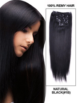 Естествено черни (#1B) първокласни копринени прави екстеншъни за коса с щипка 7 бр