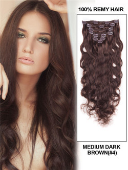 Mellembrun(#4) Deluxe Body Wave Clip I Human Hair Extensions 7 stk