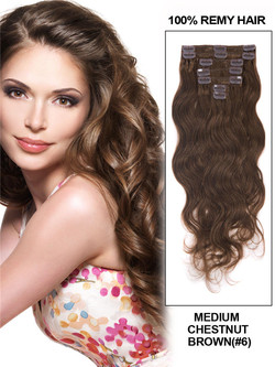 Medium Chestnut Brown(#6) Premium Body Wave Clip In Hair Extensions 7 deler