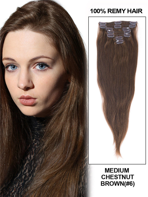 Medium Chestnut Brown(#6) Deluxe Straight Clip In Human Hair Extensions 7 Pieces