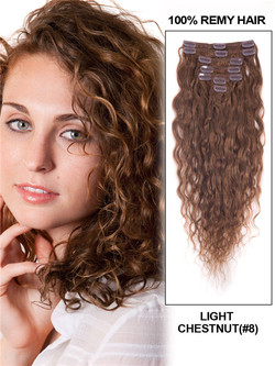 Light Chestnut(#8) Premium Kinky Curl Clip In Hair Extensions 7 Pieces