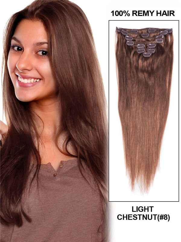 Light Chestnut(#8) Ultimate Straight Clip In Remy Hair Extensions 9 Pieces