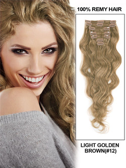 Light Golden Brown(#12) Deluxe Body Wave Clip In Human Hair Extensions 7 Pieces