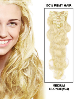 Medium Blond(#24) Premium Body Wave Clip In Hair Extensions 7 delar