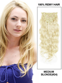 Blonde moyenne (# 24) Extensions de cheveux humains à clips de luxe Body Wave 7 pièces-np