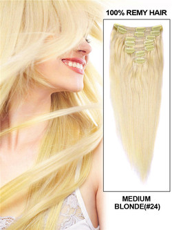สีบลอนด์ปานกลาง(#24) Deluxe Straight Clip In Human Hair Extensions 7 Pieces