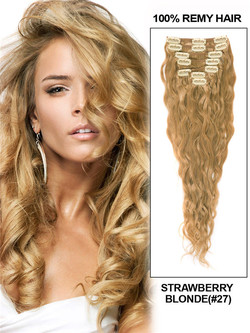 Strawberry Blonde(#27) Deluxe Kinky Curl Clip i mänskligt hårförlängning 7 delar