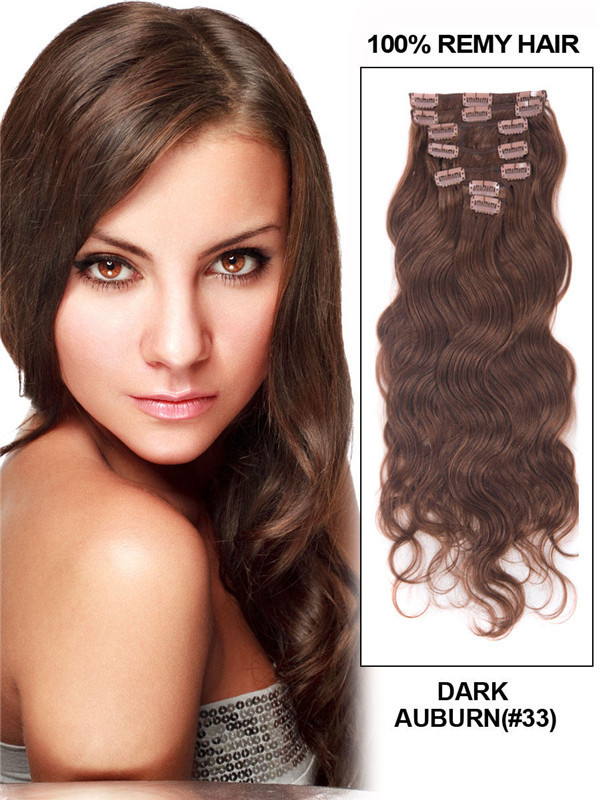 Dark Auburn(#33) Premium Body Wave Clip In Hair Extensions 7 Pieces