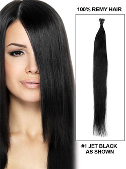50 részes, selymes, egyenes stift tip/I tip Remy hajhosszabbító Jet Black (#1)