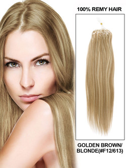 Extensii de păr Remy Micro Loop 100 de fire, drept mătăsos, maro auriu/blond (#F12/613)