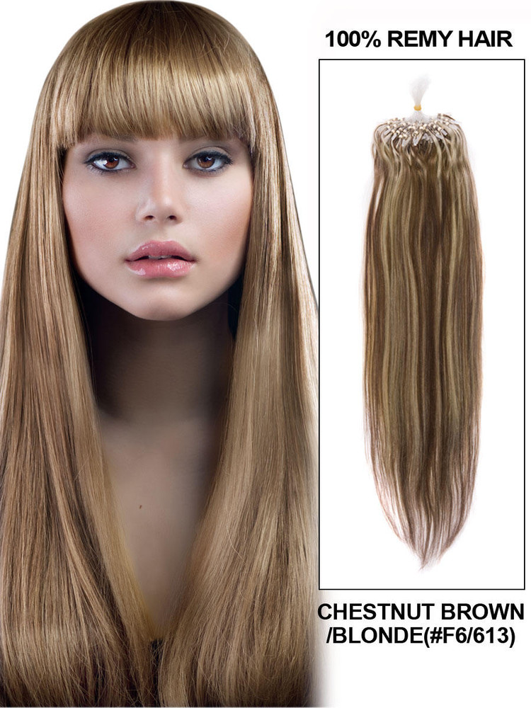 Micro Loop Human Hair Extensions 100 Strands Silky Straight Chestnut Brown/Blonde(#F6/613)