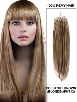 Micro Loop Human Hair Extensions 100 tråde silkeagtig lige kastanjebrun/blond(#F6/613)