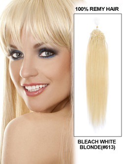 Remy Micro Loop Hair Extensions 100 Strands Silky Straight Bleach White Blonde (# 613)