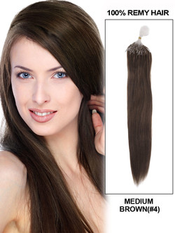 Удължаване на човешка коса Micro Loop 100 кичура копринено прави средно кафяво (#4)