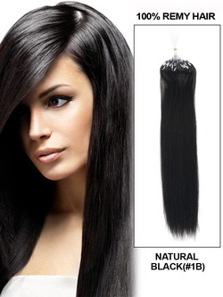 Micro Loop Human Hair Extensions 100 Strands Silky Straight Natural Black(#1B)