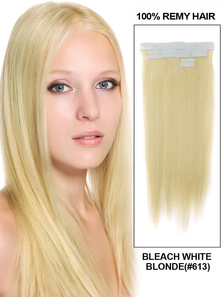 Tape In Human Hair Extensions 20 Piece Silky Straight Bleach White Blonde(#613)