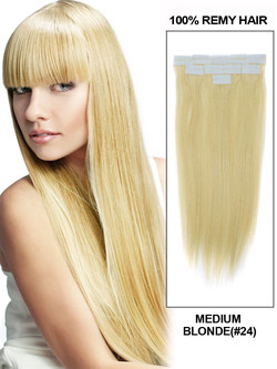 Extensions de cheveux humains avec ruban adhésif 20 pièces blond moyen lisse et soyeux (#24)