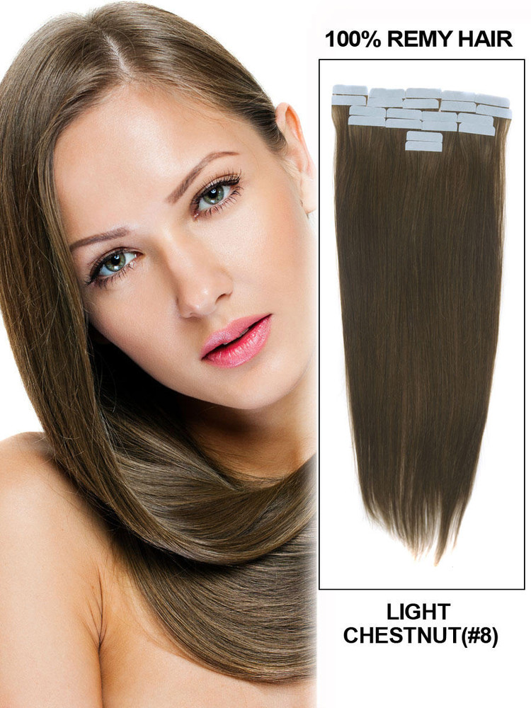 Remy Tape In Hair Extensions 20 Piece Silky Straight Light Chestnut(#8)