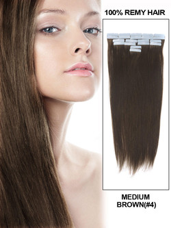 Remy Tape In Hair Extensions 20 bit Silky Straight Medium Brown (#4)