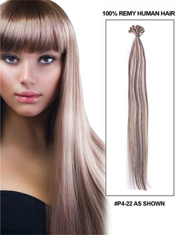 Extensões de cabelo com ponta de unha remy reta sedosa de 50 peças/ponta em U marrom/loiro (#P4/22)